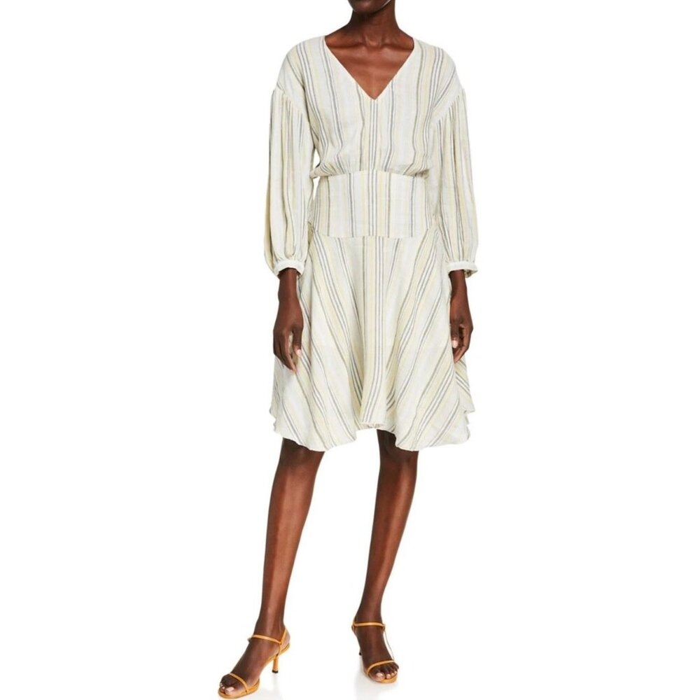ATM Women Multi Striped Combo Linen Blend Midi Dress size‎ 6 V-Neck Lagenlook